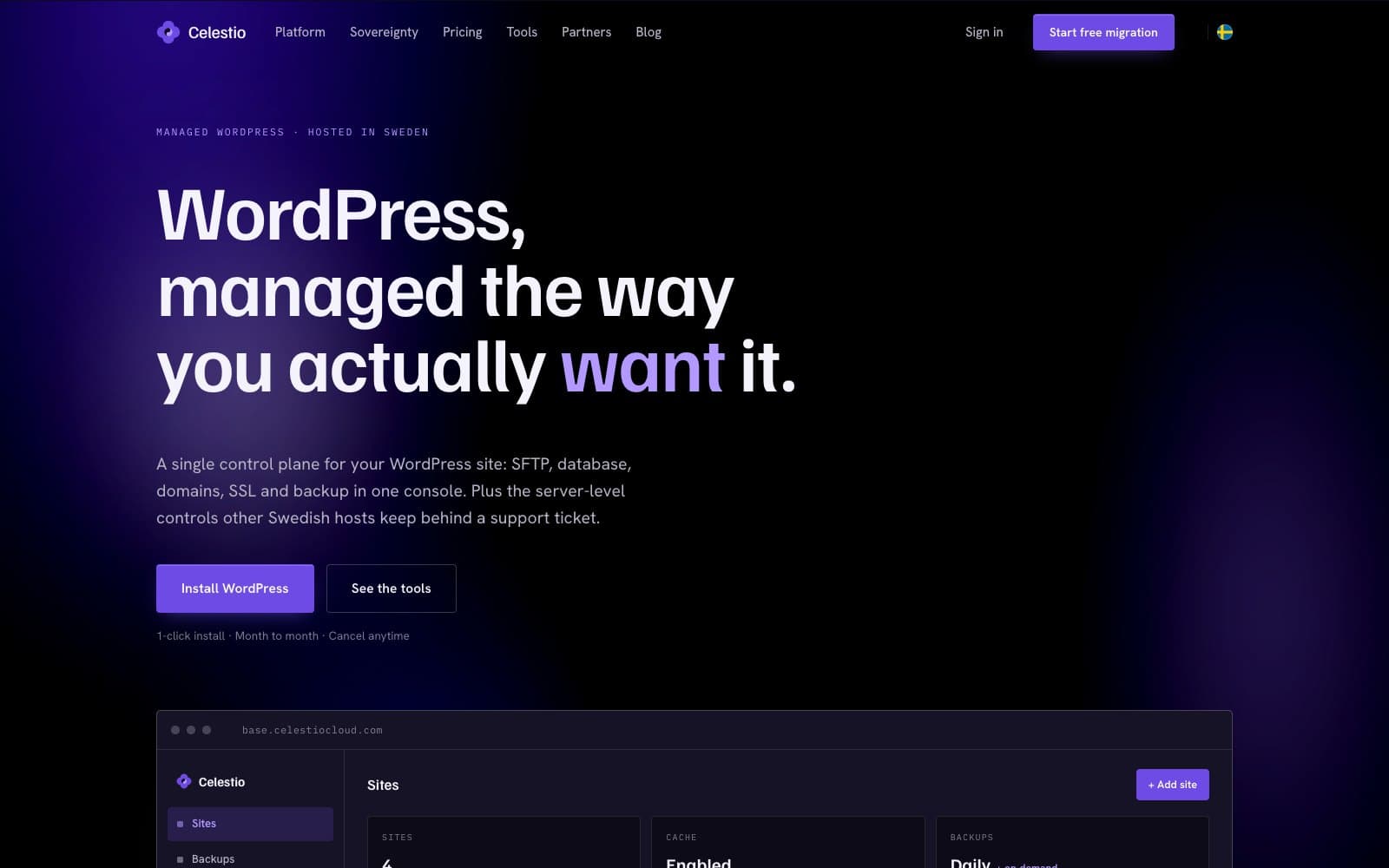 Celestio managed WordPress hosting homepage